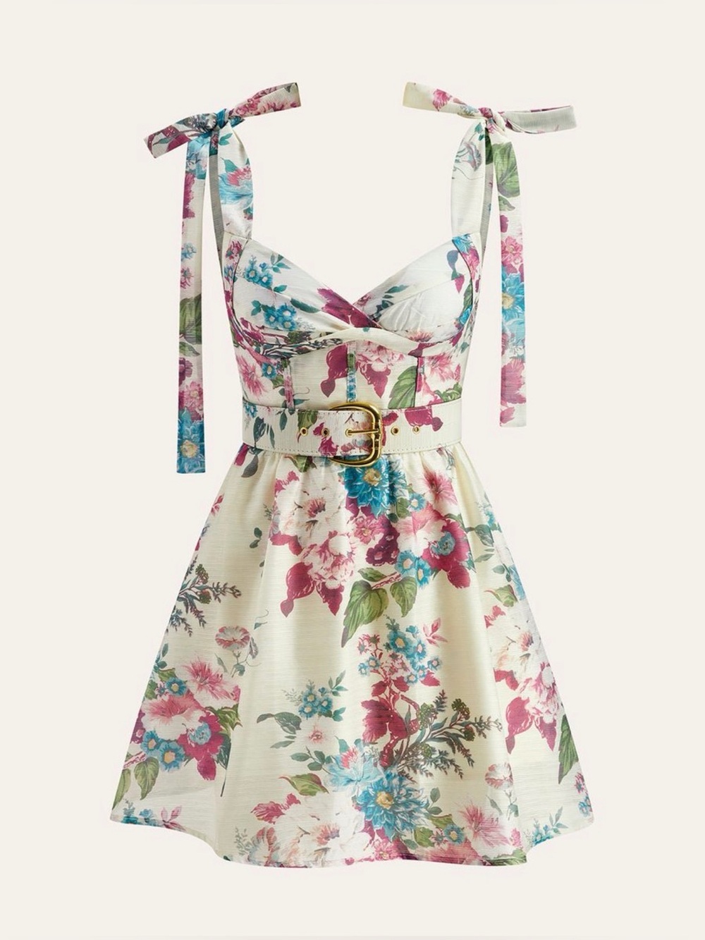 Commense Floral Tie-Shoulder Belted Sundress in Cream and Pink - NWT Sold Out